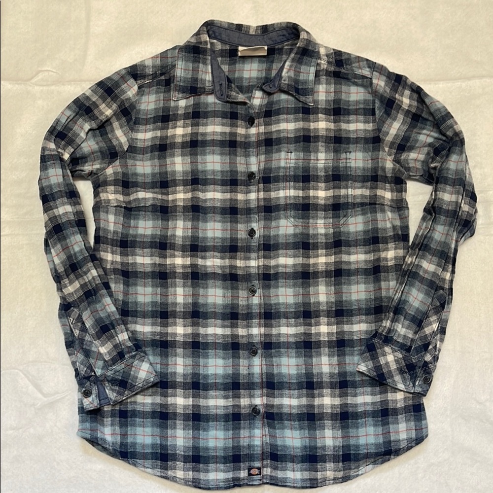 Dickies Medium Flannel Plaid Shirt Ladies M Blue Cotton Farm Western Soft